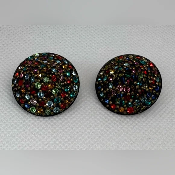 Vintage Multi-Color Rhinestone Cluster Clip-On Statement Earrings - Picture 5 of 10